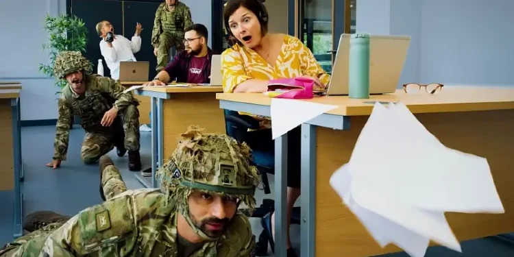 An office is interrupted by training soldiers in the campaign. Photo by the MOD.