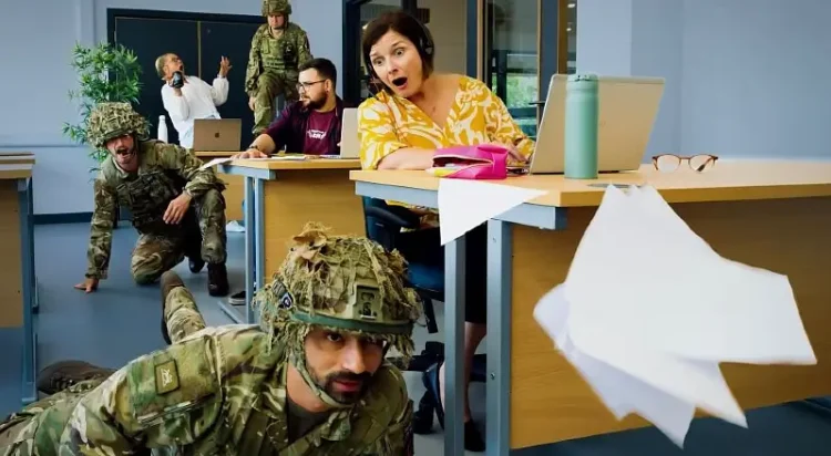 An office is interrupted by training soldiers in the campaign. Photo by the MOD.