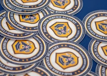 Defense Department Cyber Service Academy stickers at the DOD CSA cyber boot camp held at George Washington University's Science and Engineering Hall, July 21-22, 2025. Photo by DOD Corbin Stewart.