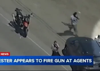 Protester firing a gun near Agents. Photo by ABC7 and ICE.