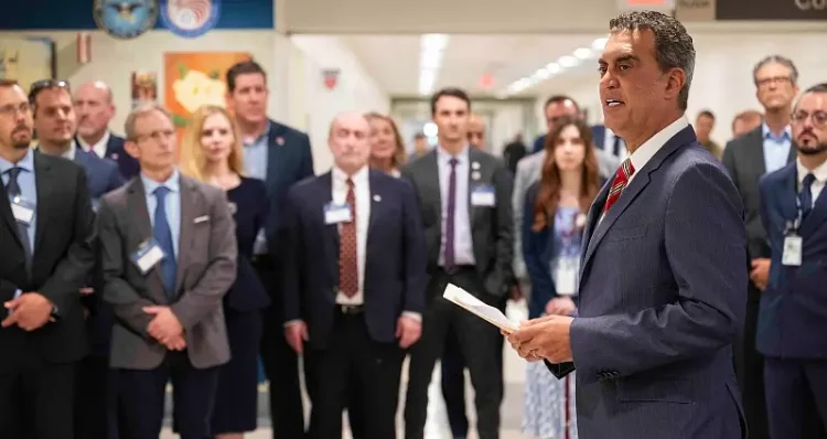 Undersecretary of Defense, Emil Michael delivers remarks to attendees at the Department of Defense Manufacturing Technology Program Exhibition at the Pentagon. Photo by Kubitza.