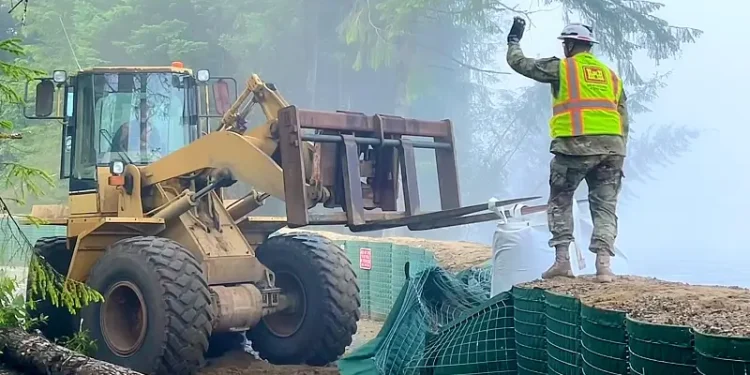 A repair to a temporary flood protection barrier along the Mendenhall River, after a tree strike at Diamond Park. Photo by McFadden.