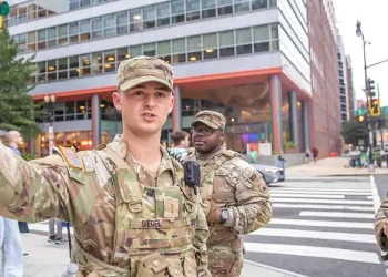 Army 2nd Lt. Harry Siegel patrols Nationals Park in Washington during a baseball game as part of D.C. Safe and Beautiful Task Force. Photo by Army Pec. Hughes.