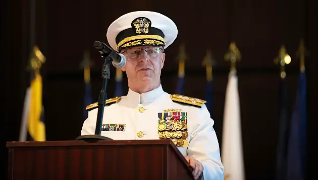 Navy Adm. Daryl Caudle delivers remarks during his assumption of office ceremony at the Washington Navy Yard in Washington, Aug. 25, 2025. Photo by NPO White.