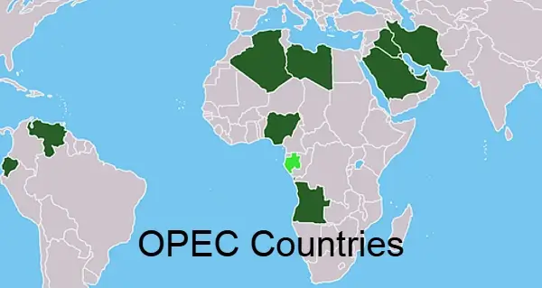 Opec Organization of the Petroleum Exporting Countries countries. Map by Wikipedia.