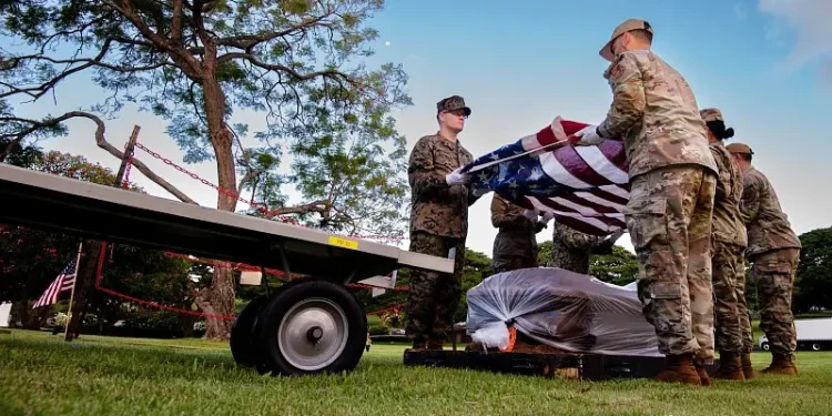 Service members assigned to the Defense POW-MIA Accounting Agency prepare to move a transfer case. Photo by Staff Sgt. Busby.