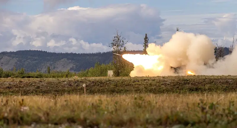 Marines assigned to 2nd Battalion, 14th Marine Regiment, 4th Marine Division, fire a High Mobility Artillery Rocket System during Arctic Edge 25 at Donnely Training Area, Alaska. Photo by Lance Cpl. Spears.