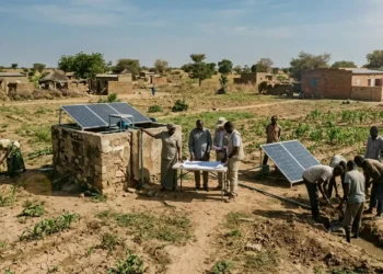 AI-generated photograph-style image of an African community developing solar-powered irrigation and climate-resilient agriculture.