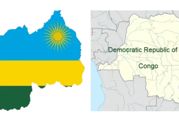 Flag map of Rwanda and DRC. Artwork by Darwinek and Uwe Dedering.
