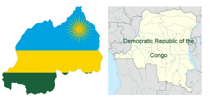 Flag map of Rwanda and DRC. Artwork by Darwinek and Uwe Dedering.