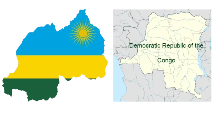 Flag map of Rwanda and DRC. Artwork by Darwinek and Uwe Dedering.