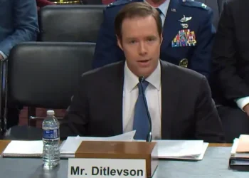 Mark R. Ditlevson, principal deputy assistant secretary of war for homeland defense and Americas security affairs, testifies during a Senate Armed Services Committee. Photo by the DOW.