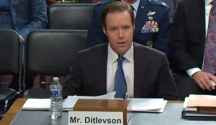 Mark R. Ditlevson, principal deputy assistant secretary of war for homeland defense and Americas security affairs, testifies during a Senate Armed Services Committee. Photo by the DOW.