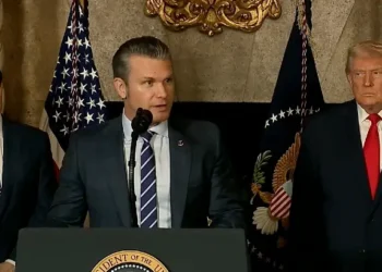 Secretary of War Pete Hegseth speaks during President Donald J. Trump’s announcement that the Navy intends to develop a new class of surface combatants, or battleships. Photo by the DOW.