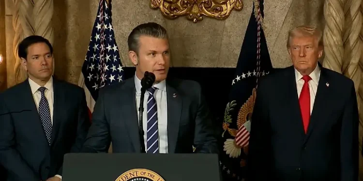 Secretary of War Pete Hegseth speaks during President Donald J. Trump’s announcement that the Navy intends to develop a new class of surface combatants, or battleships. Photo by the DOW.