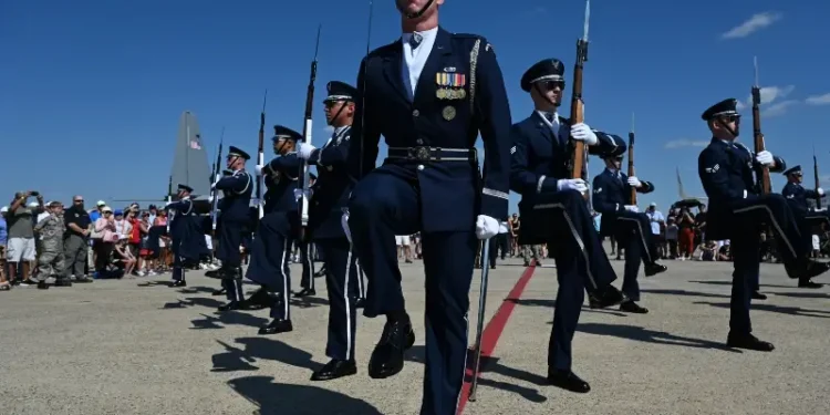 The U.S. Air Force Honor Guard Drill Team performs during the 2025 Joint Base Andrews Air Show at Joint Base Andrews, Md., Sept. 13, 2025. Photo by Tech Sgt. Sterling.