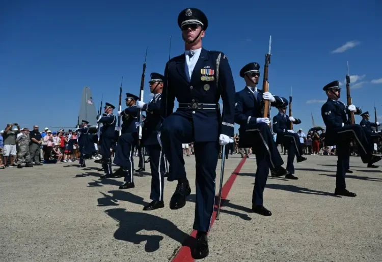 The U.S. Air Force Honor Guard Drill Team performs during the 2025 Joint Base Andrews Air Show at Joint Base Andrews, Md., Sept. 13, 2025. Photo by Tech Sgt. Sterling.