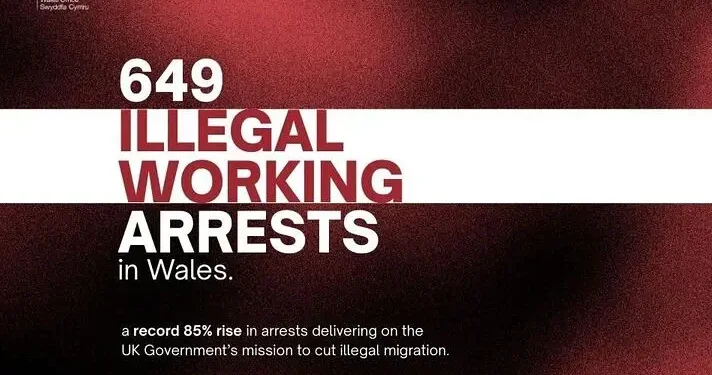 Illegal working arrests and raids have reached their highest levels. Artwork by the Wales Office.