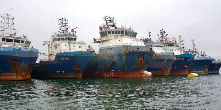 Lui Tide and other offshore Supply Ships tied together off Namibia. Photo by Sonse.