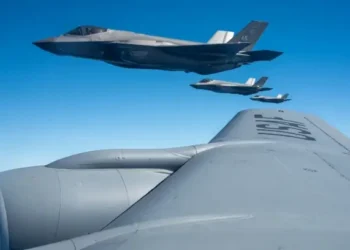 Three Air Force F-35A Lightning IIs, assigned to the 356th Expeditionary Fighter Squadron, fly in formation before aerial refueling over the Pacific Ocean, Dec. 11, 2025. Photo by air force Bermudez.