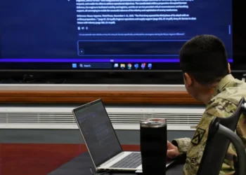 Army Maj. Matthew Martinez, reviews a historical vignette delivered via a CADD custom tool in Army Vantage at Fort Leavenworth, Kan., Feb. 17, 2026. Photo by Randi Stenson.
