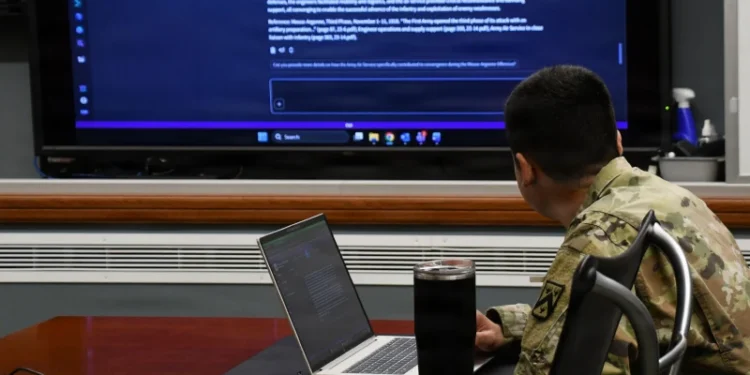 Army Maj. Matthew Martinez, reviews a historical vignette delivered via a CADD custom tool in Army Vantage at Fort Leavenworth, Kan., Feb. 17, 2026. Photo by Randi Stenson.