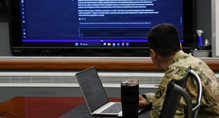 Army Maj. Matthew Martinez, reviews a historical vignette delivered via a CADD custom tool in Army Vantage at Fort Leavenworth, Kan., Feb. 17, 2026. Photo by Randi Stenson.