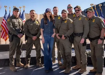 Secretary Noem speaking at the U.S.-Mexico border in Nogales, Arizona. Photo by the Department for Homeland Security.