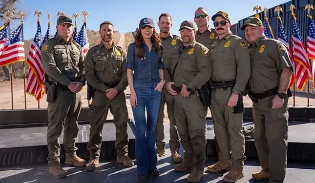 Secretary Noem speaking at the U.S.-Mexico border in Nogales, Arizona. Photo by the Department for Homeland Security.