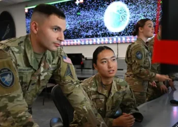Space Force Spc. Roberto Santiago-Irizarry, and 2nd Lt. Yoon Jung Lee monitor Space Domain Awareness information at Vandenberg Space Force Base, Calif., Oct. 4, 2024. Photo by Cadet Dozoretz.