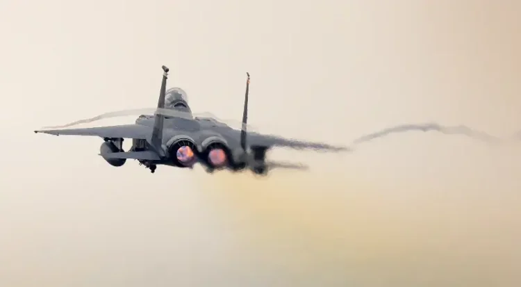 An F-15E Strike Eagle assigned to the 494th Fighter Squadron launches for a training sortie. Photo by Air Force Senior Mast. Sgt. M. Plew.