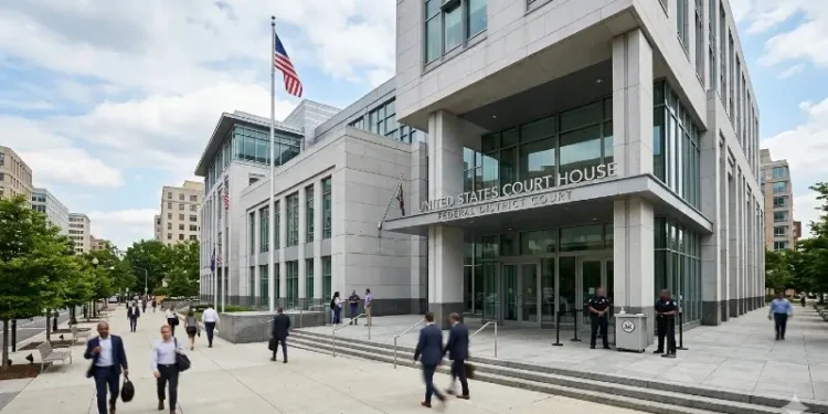 Editorial illustration of a federal courthouse. Image generated by AI.