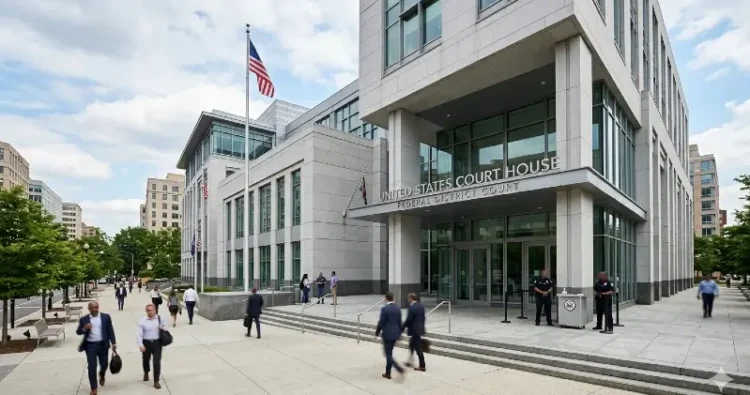Editorial illustration of a federal courthouse. Image generated by AI.
