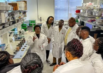 Journalists from Ghana and Nigeria visit research laboratories at Imperial College London as part of a UK‑funded science reporting programme. Photo by the Foreign Office.