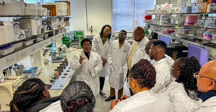 Journalists from Ghana and Nigeria visit research laboratories at Imperial College London as part of a UK‑funded science reporting programme. Photo by the Foreign Office.
