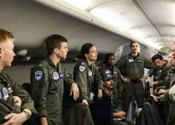 The crew of Patrol and Reconnaissance Squadron 45 in a preflight brief aboard a P-8A Poseidon maritime patrol aircraft during Exercise Sea Dragon 2026. Photo by NPO LeCompte.