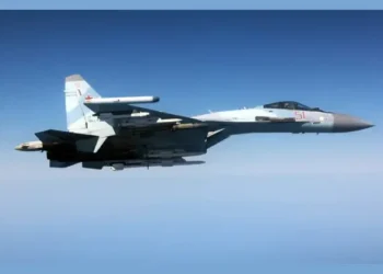 Russian jet dangerously intercepting a British Rivet Joint aircraft. Photo by the MOD. Crown Copyright.