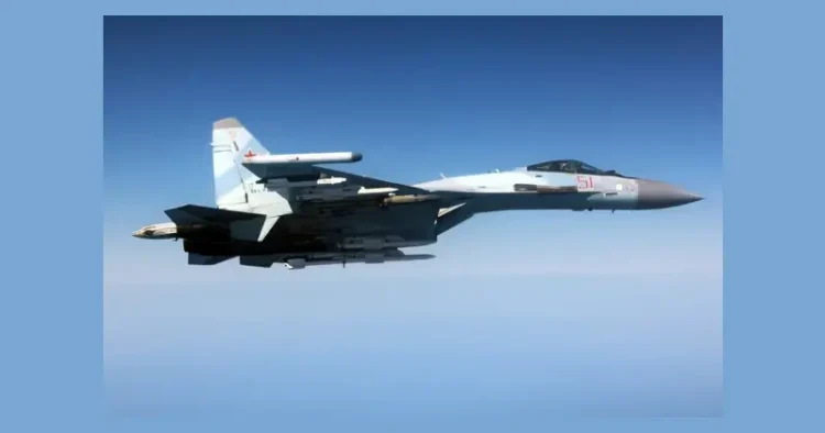 Russian jet dangerously intercepting a British Rivet Joint aircraft. Photo by the MOD. Crown Copyright.