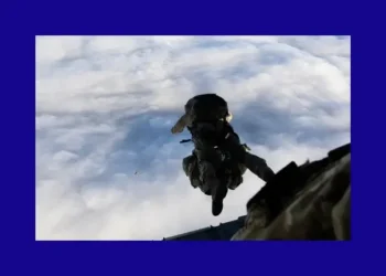 Specialist Army team parachute from an RAF A400M. Photo by the MOD. Crown copyright.