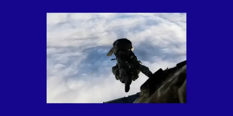 Specialist Army team parachute from an RAF A400M. Photo by the MOD. Crown copyright.