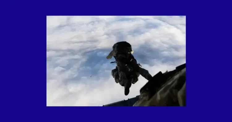 Specialist Army team parachute from an RAF A400M. Photo by the MOD. Crown copyright.