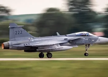 Swedish Gripen aircraft taking off. Photo by the MOD. crown copyright.