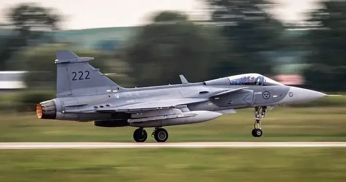 Swedish Gripen aircraft taking off. Photo by the MOD. crown copyright.