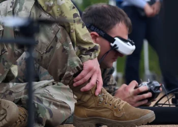 A soldier practices with a first-person view drone system during Gauntlet I of the War Department's Drone Dominance Program that took place at Fort Benning, Ga. Photo by courtesy.