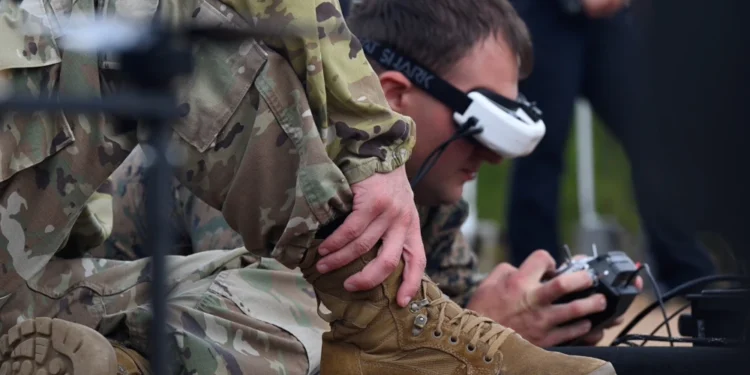 A soldier practices with a first-person view drone system during Gauntlet I of the War Department's Drone Dominance Program that took place at Fort Benning, Ga. Photo by courtesy.