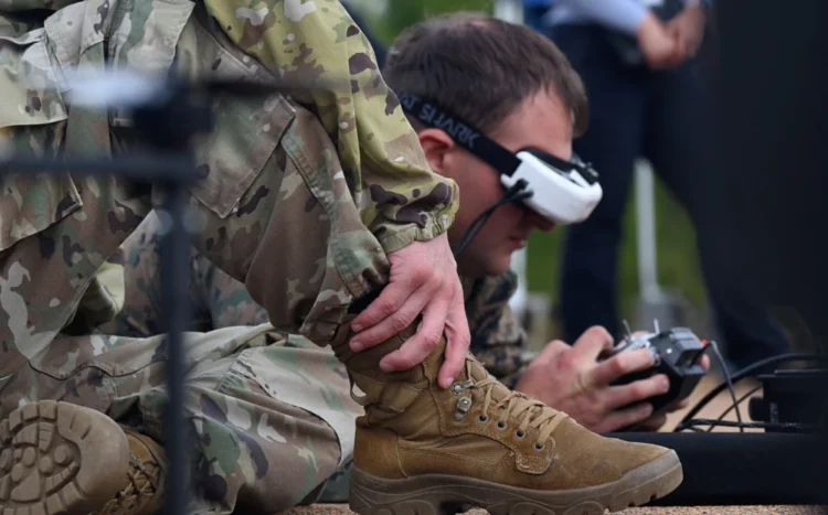 A soldier practices with a first-person view drone system during Gauntlet I of the War Department's Drone Dominance Program that took place at Fort Benning, Ga. Photo by courtesy.