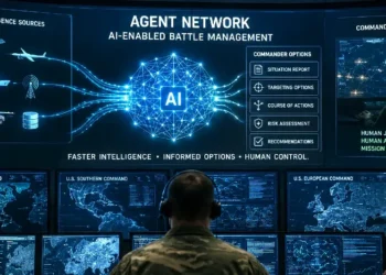 Concept illustration of an AI-enabled military command centre. Image generated using ChatGPT Image. The image is illustrative only and has no direct connection to any real-world military operation or facility.