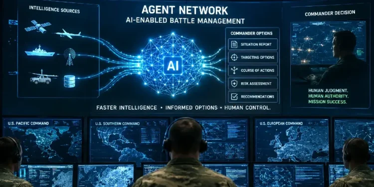 Concept illustration of an AI-enabled military command centre. Image generated using ChatGPT Image. The image is illustrative only and has no direct connection to any real-world military operation or facility.