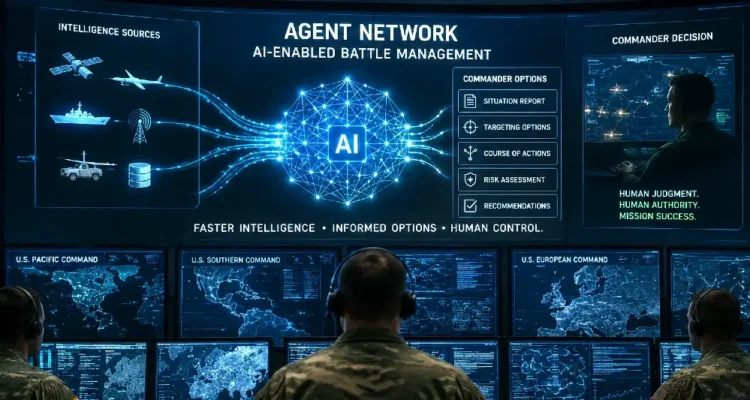 Concept illustration of an AI-enabled military command centre. Image generated using ChatGPT Image. The image is illustrative only and has no direct connection to any real-world military operation or facility.