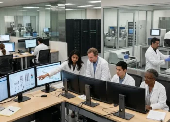 AI-generated photograph-style image of biomedical researchers analysing genomic, health-record and multiomics data inside a secure research facility.